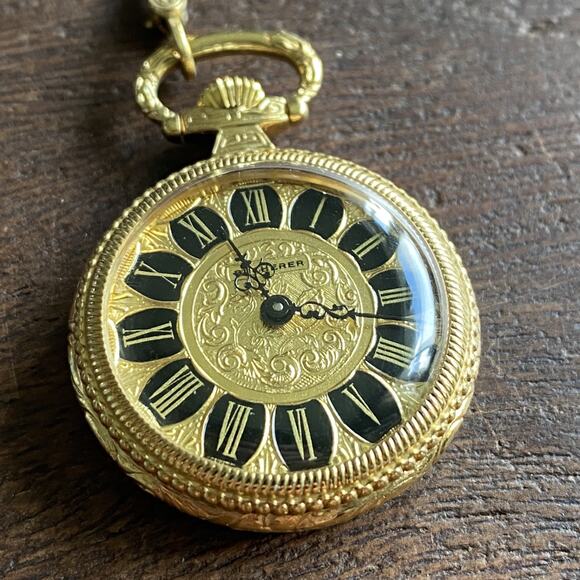 Bucherer Gold Tone Floral Engraved Pendant Pocket Watch w/ Chain *Read* - Picture 1 of 12